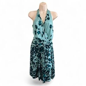 Diane Von Furstenberg Silk Aqua Blue and Black Leopard Print Patterned Dress